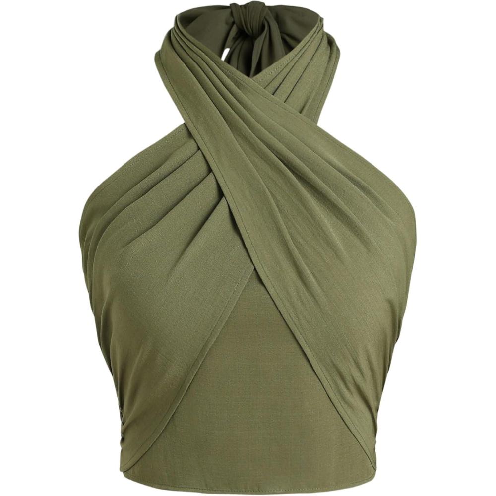imageCIDER Cross Halter Shirred Back Crop TopGreen