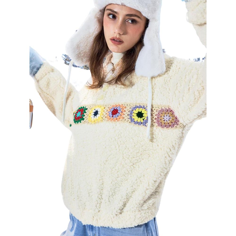 imageCIDER Fleece Floral Crochet HoodieBeige