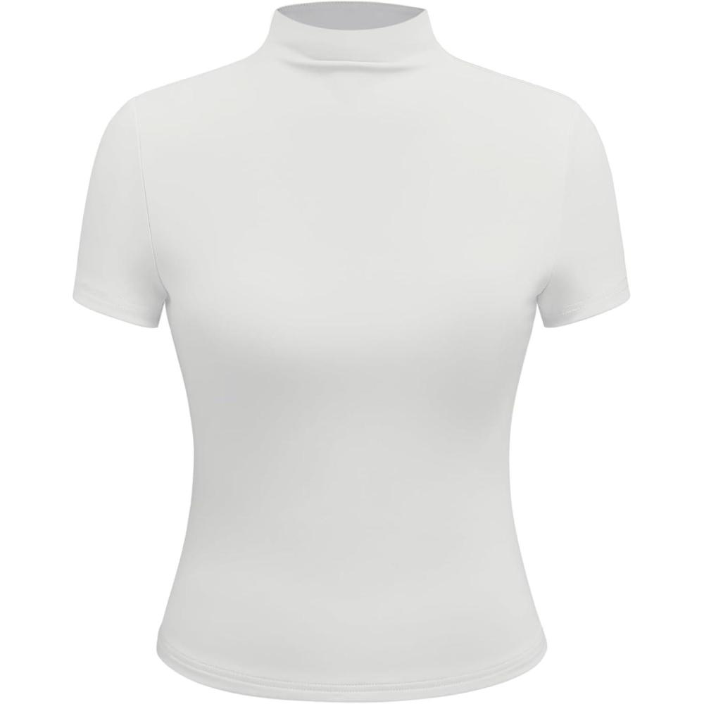 imageCIDER High Stretch Double Layered Turtle Neck Solid Short Sleeve TopWhite