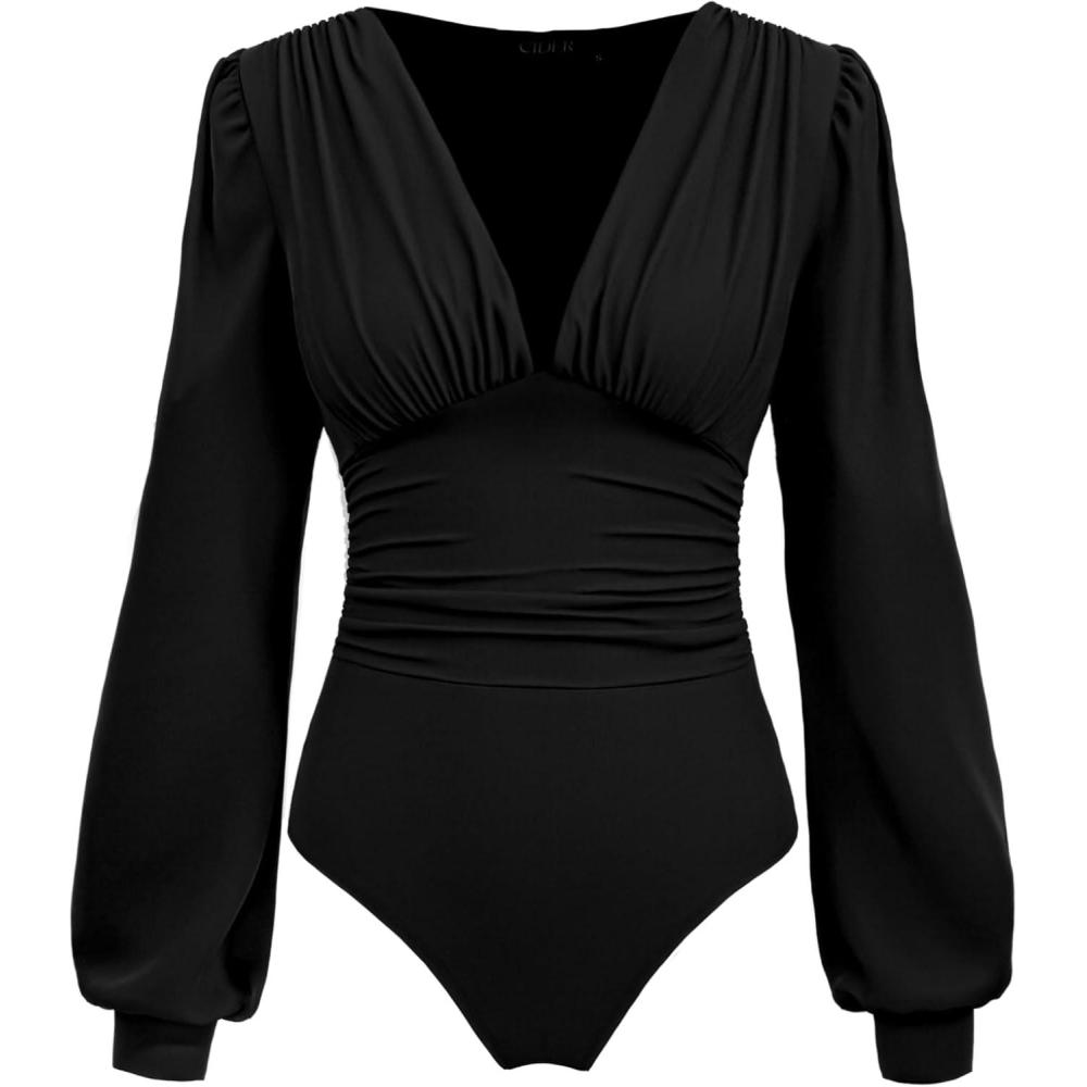 imageCIDER Long Sleeve Body Suits Womens V Neck Bodysuits Ruched Pleated Corset Bodysuit Leotard TrendyBlack