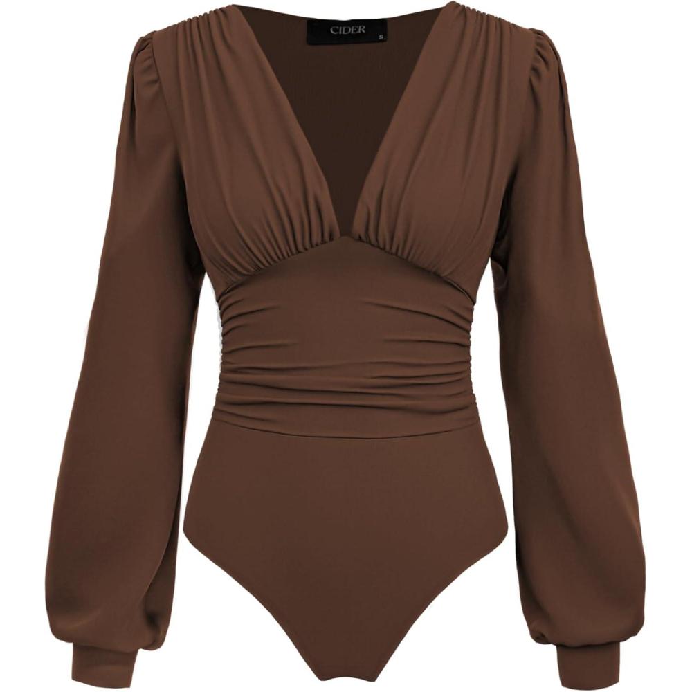 imageCIDER Long Sleeve Body Suits Womens V Neck Bodysuits Ruched Pleated Corset Bodysuit Leotard TrendyBrown