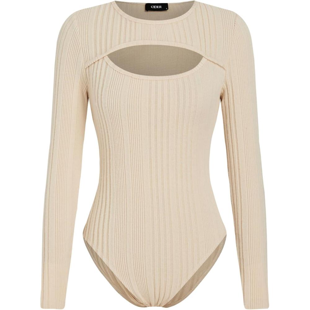 imageCIDER Long Sleeve Bodysuits Women Cut Out Rib Knit Tops Date Night Rave Club Outfits 2025Beige