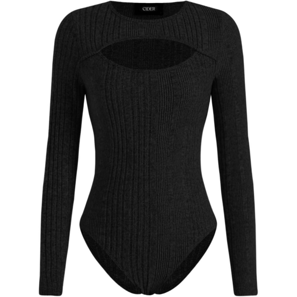 imageCIDER Long Sleeve Bodysuits Women Cut Out Rib Knit Tops Date Night Rave Club Outfits 2025Black