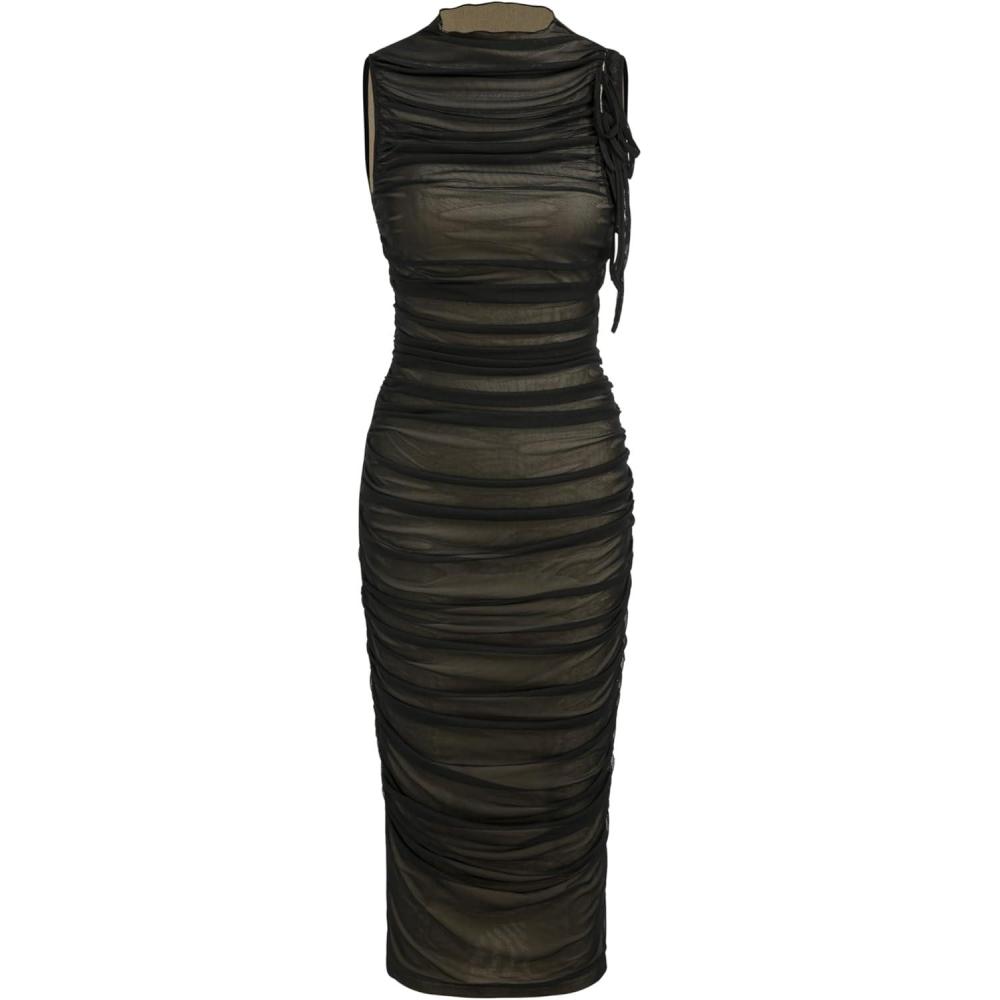 imageCIDER Mesh Ruched High Neck Midi DressBlack