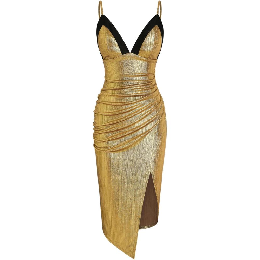imageCIDER Metallic VNeck Solid Ruched Midi DressGold