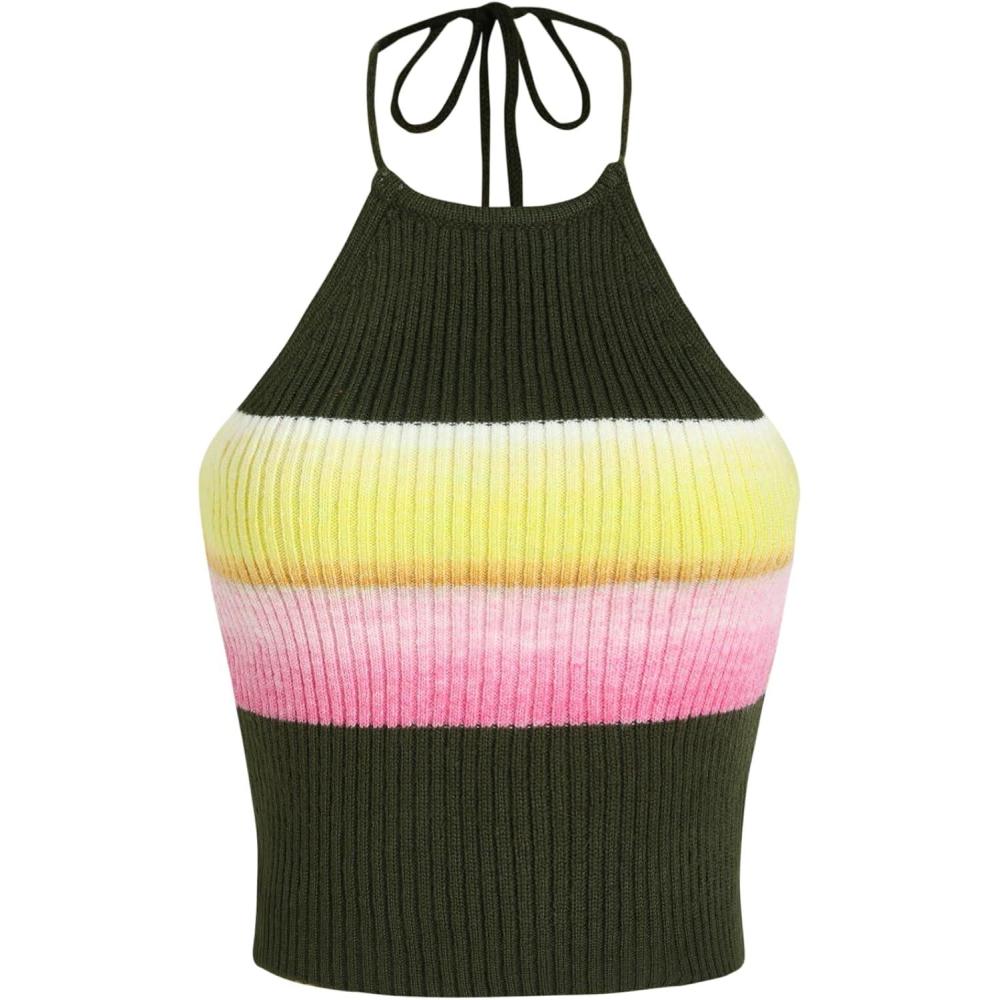 imageCIDER Miami Sunset Vacation Colorful Knit Halter Crop Cami TopGreen
