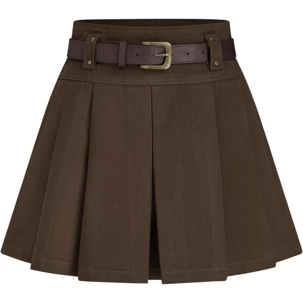 imageCIDER Mid Waist Solid Pleated Skort with BeltBrown