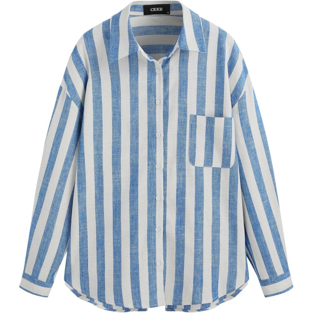 imageCIDER Santorini Beach Vacation LinenBlend Collar Striped Pocket Long Sleeve ShirtBlue