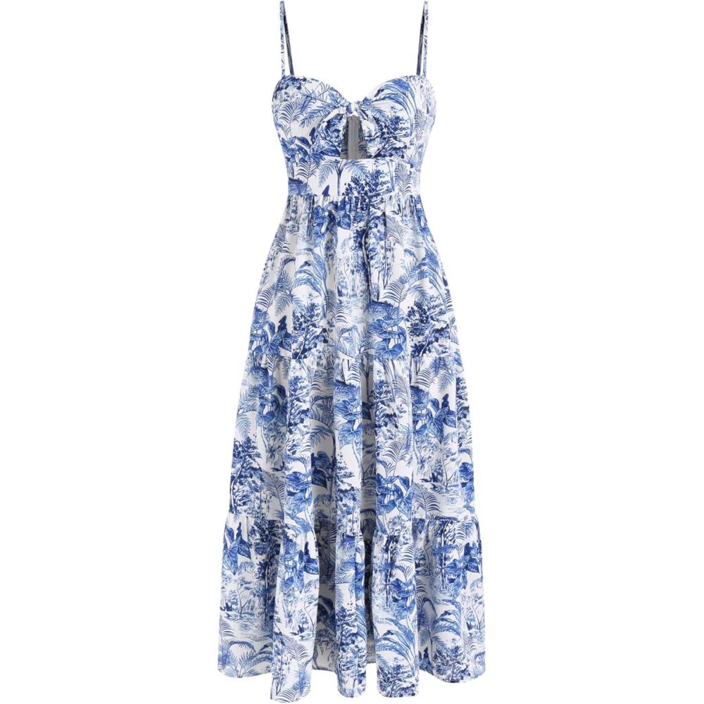 imageCIDER Santorini Beach Vacation VNeck Landscape Painting Cut Out Knotted Cami Midi DressBlue