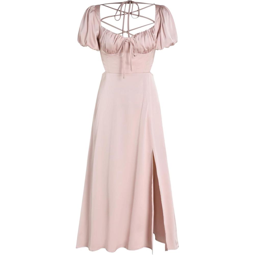 imageCIDER Satin Knotted Puff Sleeve Split Midi DressPink