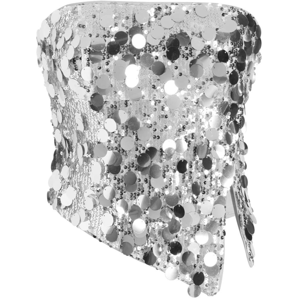 imageCIDER Sequin Asymmetrical Split Tube Crop TopSilver
