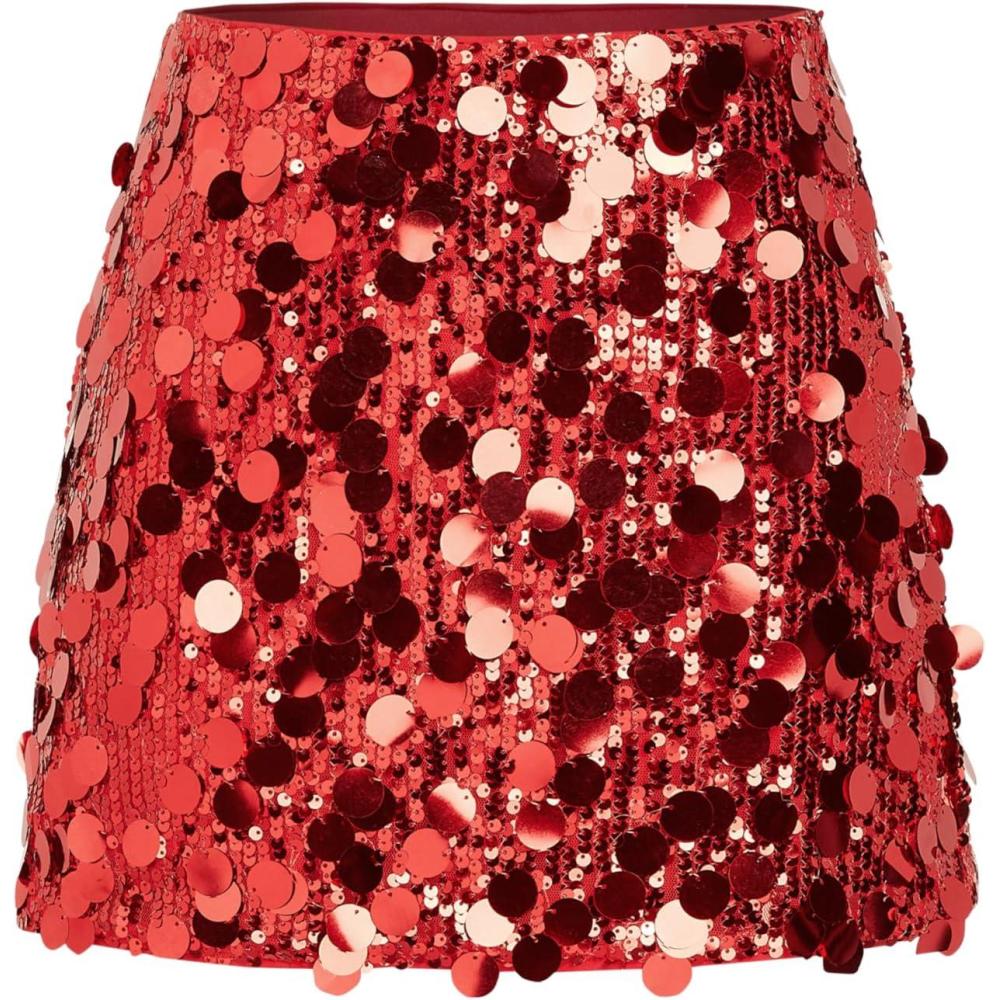 imageCIDER Sequin Mid Waist Sparkle Skirt Party Club Night Out Mini Skirt for WomenRed