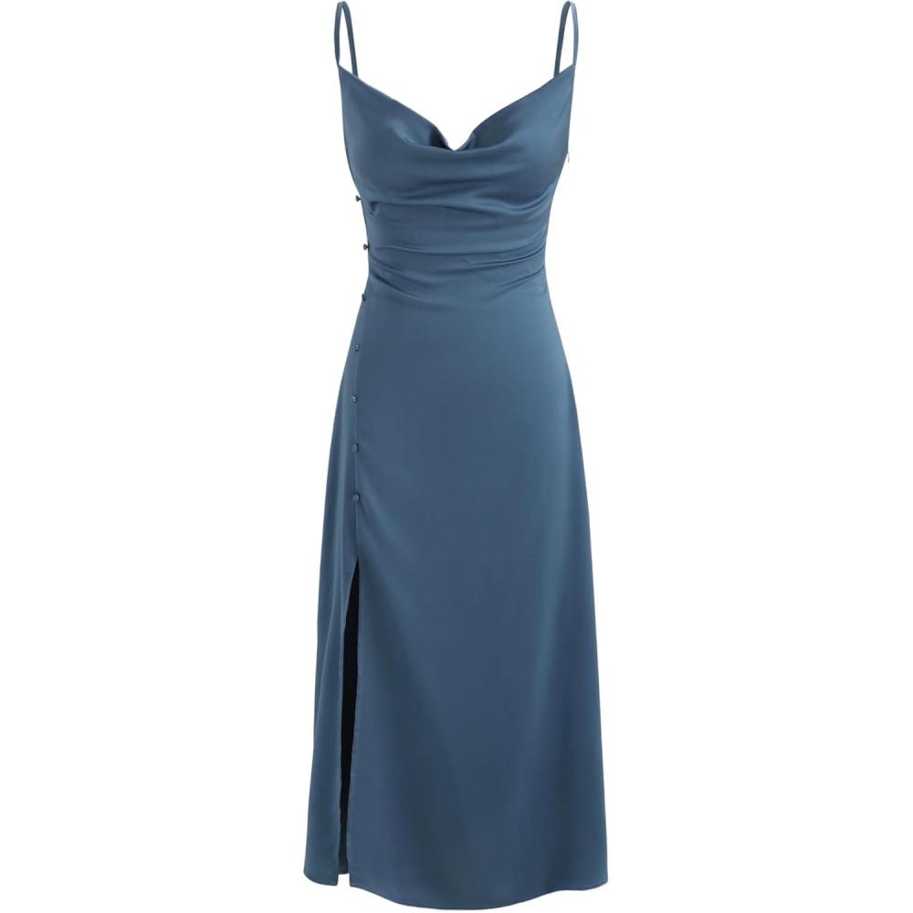 imageCIDER Solid Cowl Neck Slit Midi DressBlue