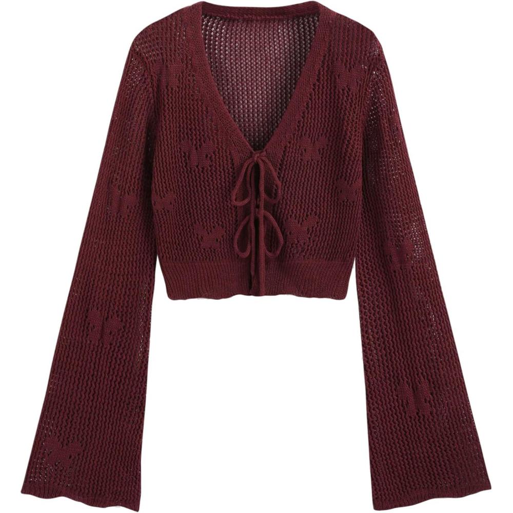 imageCIDER Solid Hollow Out Knit Knotted CardiganRed