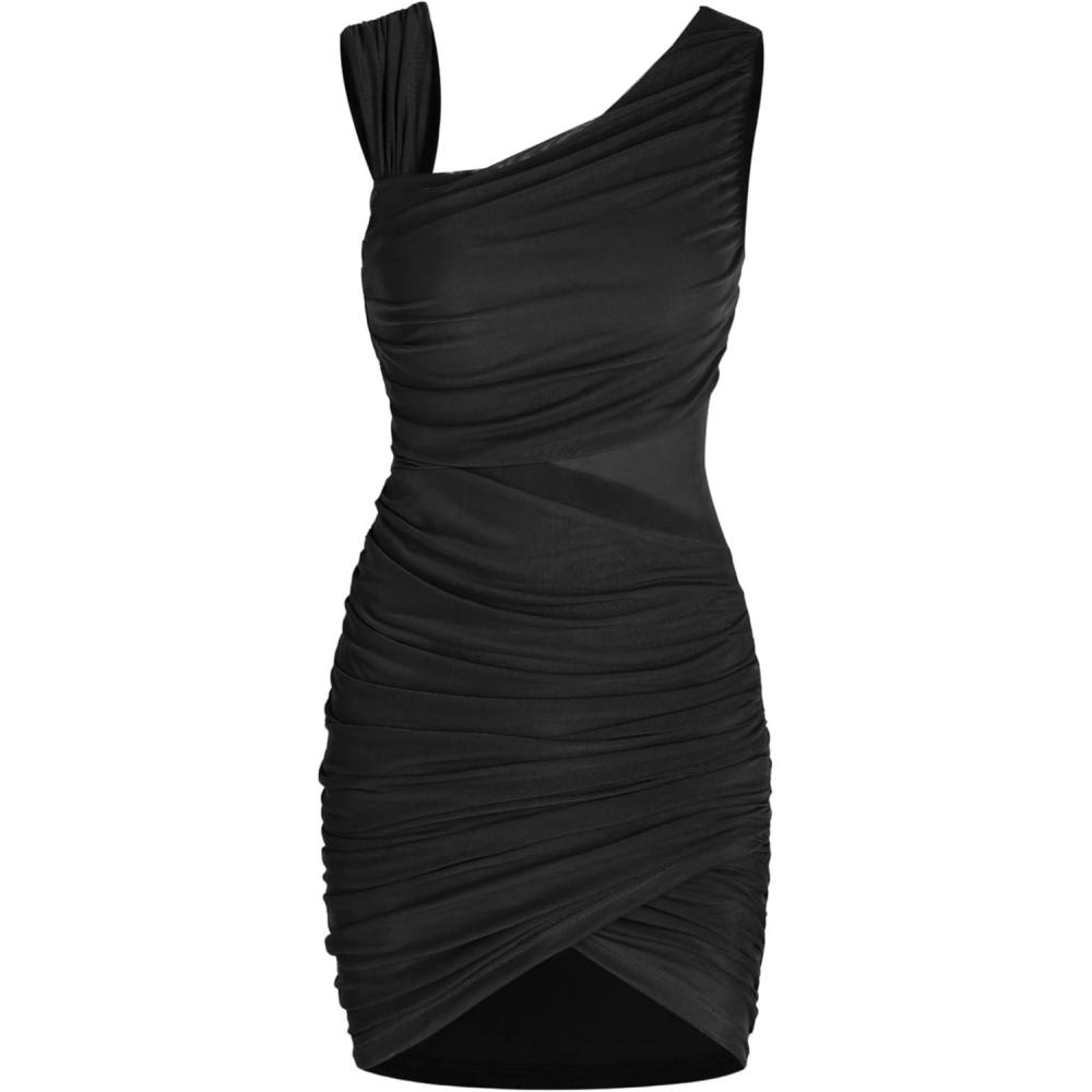 imageCIDER Solid Mesh Asymmetrical Neck DressBlack