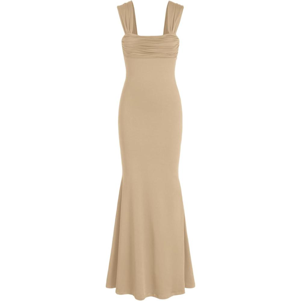imageCIDER Solid Ruched UNeckline Ruffle Maxi DressTan