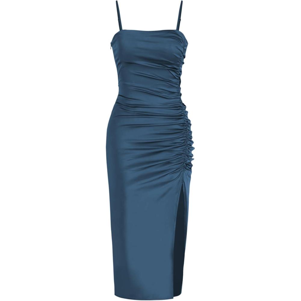 imageCIDER Solid Satin Ruched Split Midi Cami DressBlue