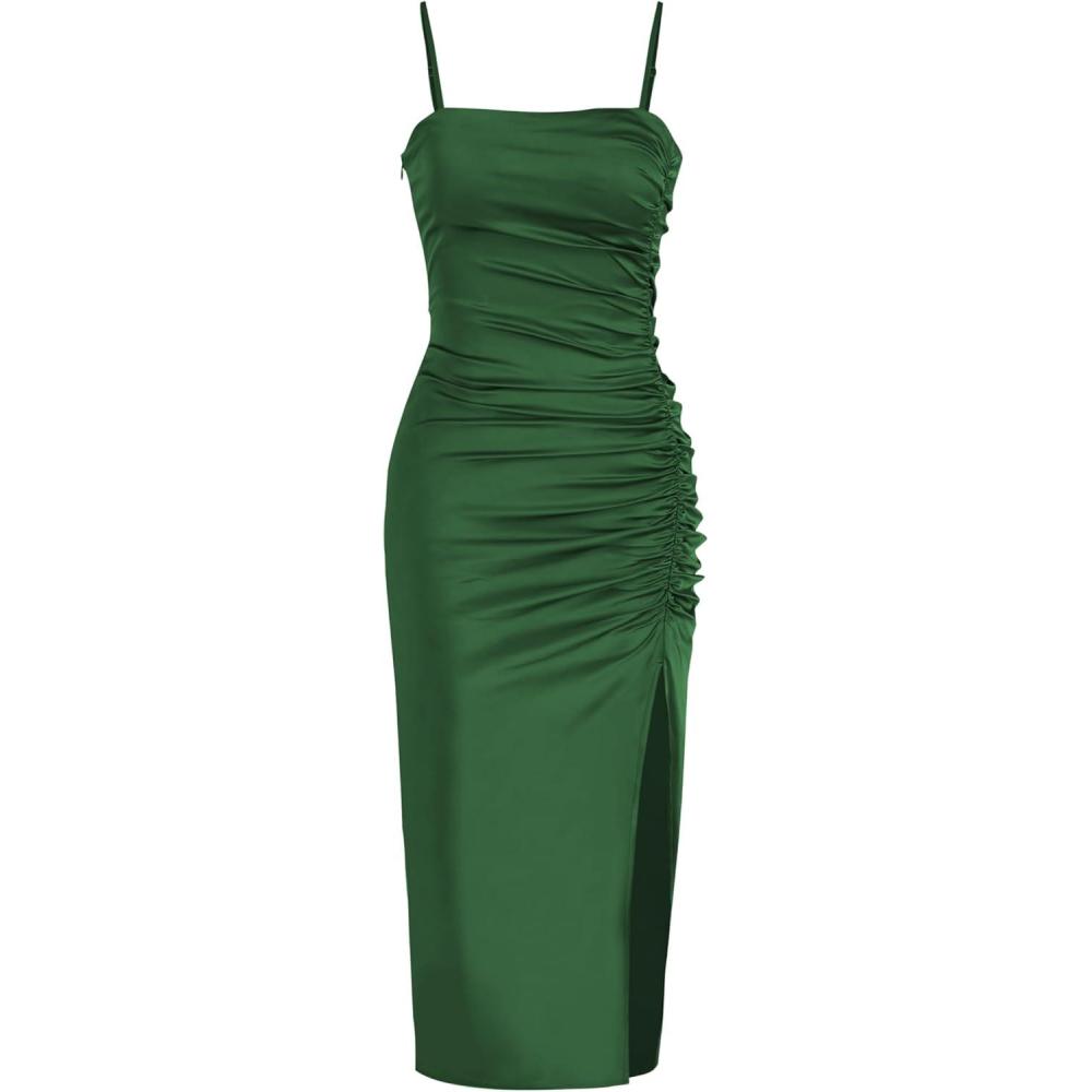 imageCIDER Solid Satin Ruched Split Midi Cami DressEmerald Green