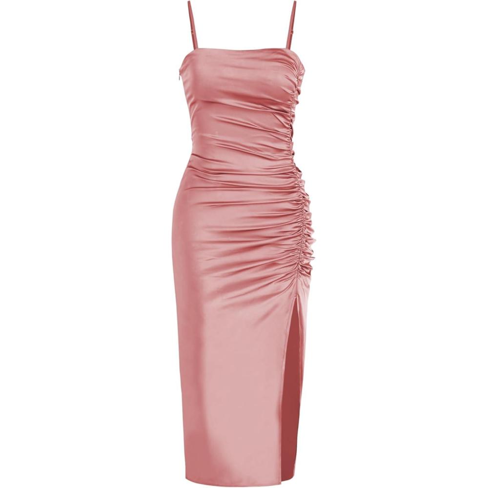 imageCIDER Solid Satin Ruched Split Midi Cami DressPink
