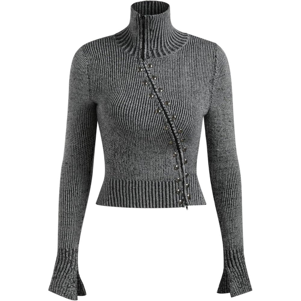 imageCIDER Stand Collar Rivet Zipper CardiganGrey