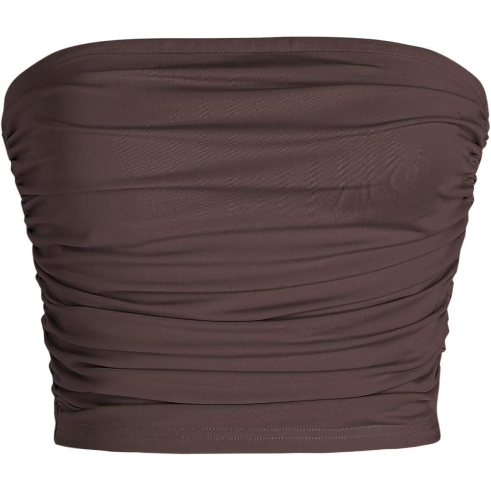 imageCIDER Tube Top for Women Strapless Ruched Sexy Going Out Basic Bandeau Crop Tops Summer OutfitsCoffee