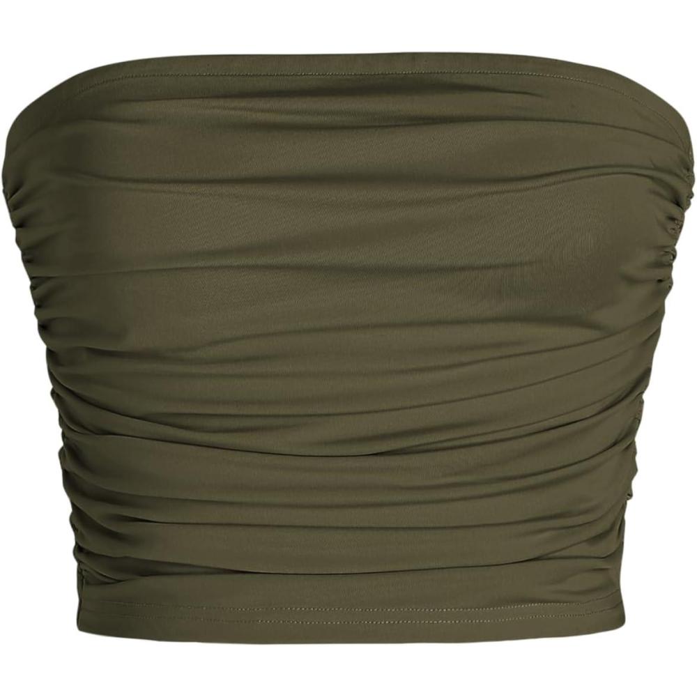 imageCIDER Tube Top for Women Strapless Ruched Sexy Going Out Basic Bandeau Crop Tops Summer OutfitsOlive Green