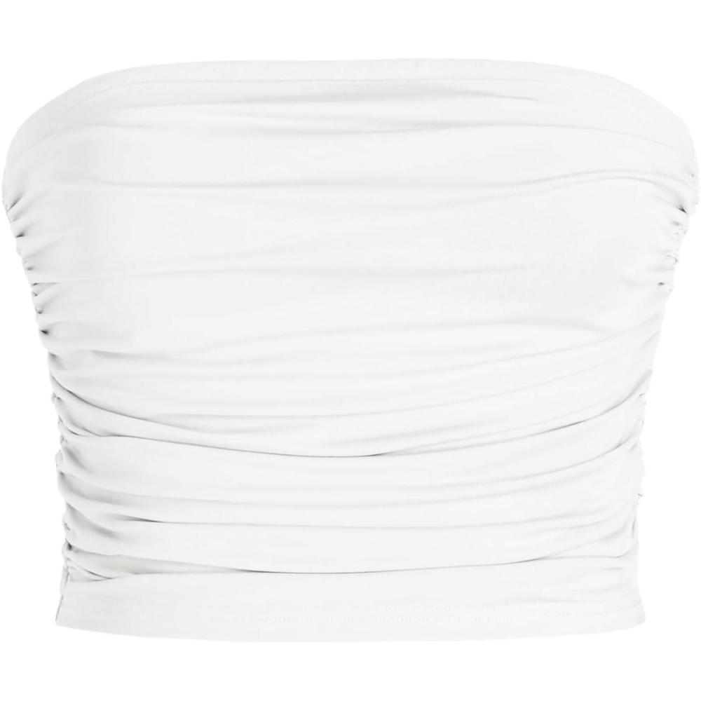 imageCIDER Tube Top for Women Strapless Ruched Sexy Going Out Basic Bandeau Crop Tops Summer OutfitsWhite
