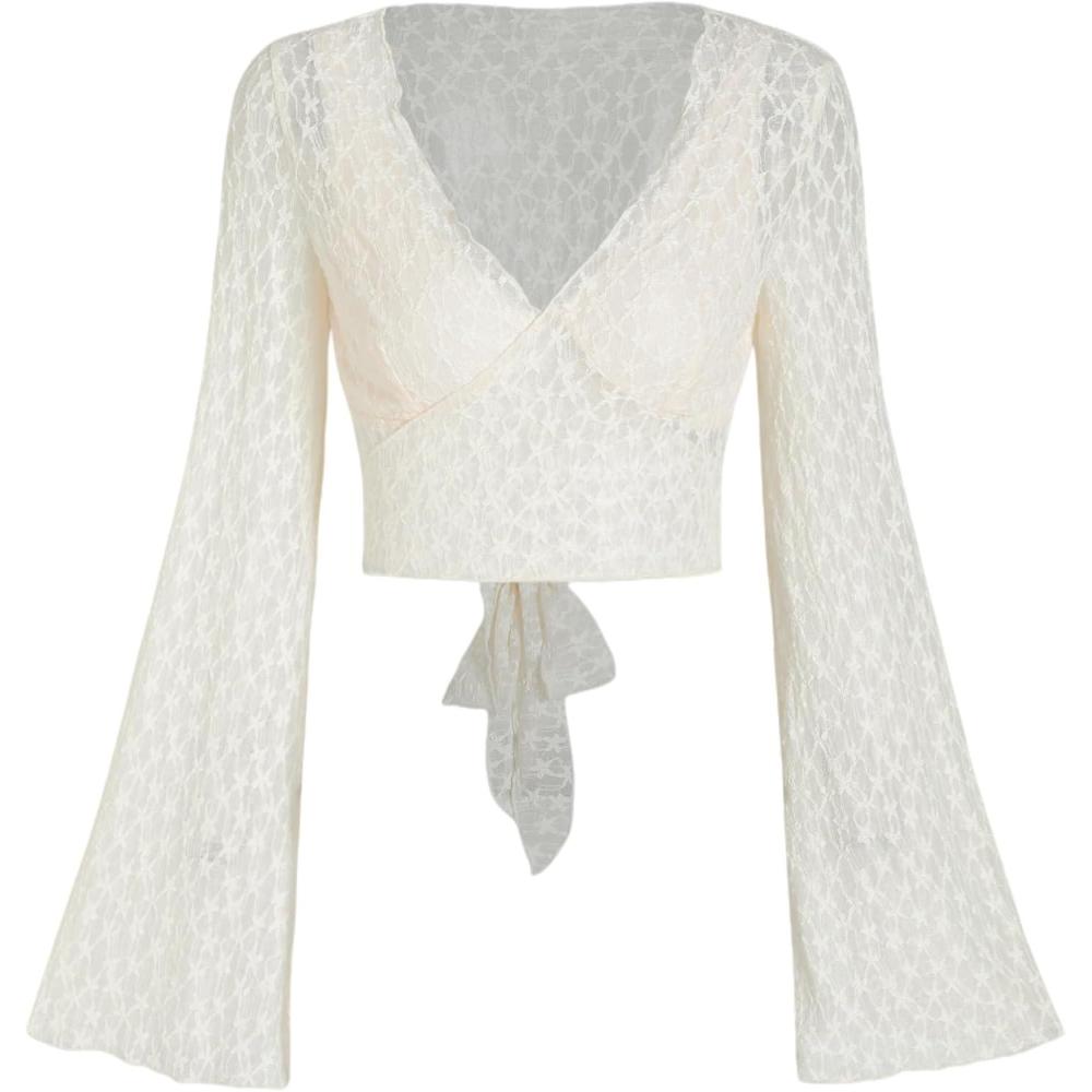 imageCIDER VNeck Floral Tie Back Crop BlouseBeige