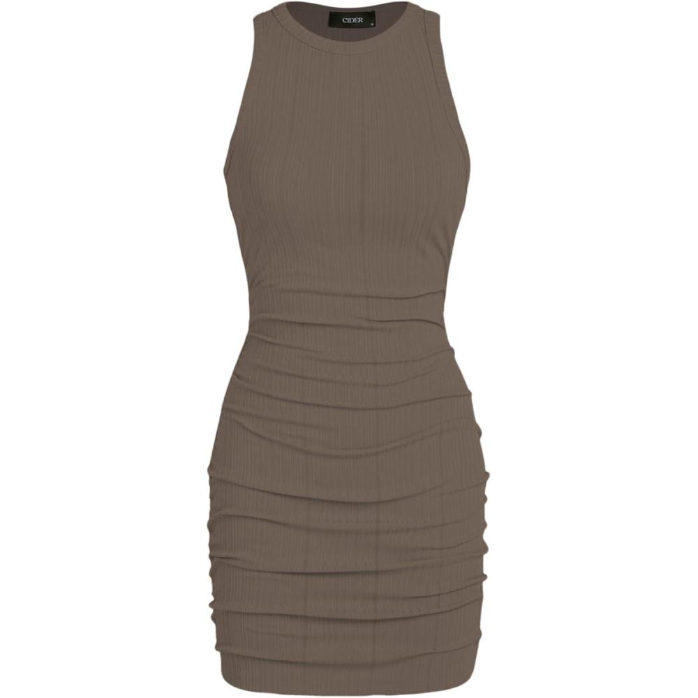 imageCIDER Women Mini Dresses Bodycon Crew Neck Sleeveless Ruched Summer Short Tank Dresses Going Out Casual OufitsCoffee