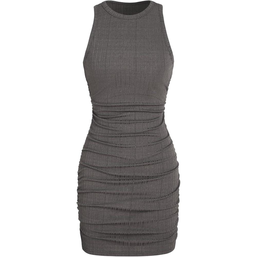 imageCIDER Women Mini Dresses Bodycon Crew Neck Sleeveless Ruched Summer Short Tank Dresses Going Out Casual OufitsGrey