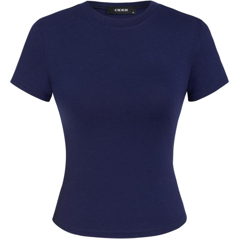 imageCIDER Womens Basic TShirts Scoop Neck Short Sleeve Crop Tops Cute Summer Tops Slim Fit Tees Clothing 2025Blue