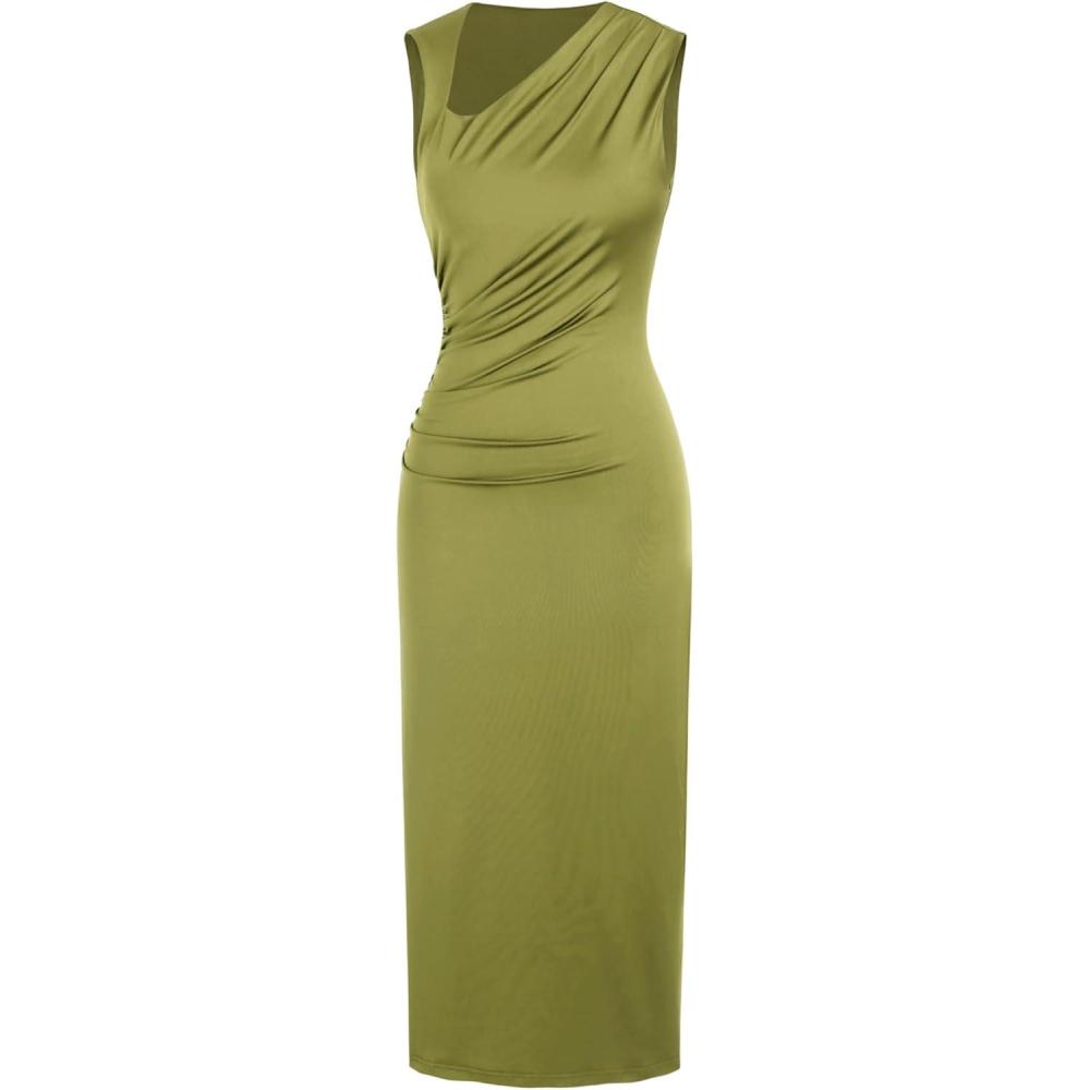 imageCIDER Womens Cocktail Dress Asymmetrical Neck Ruched Formal Dresses Bodycon Long Maxi Wedding Guest Dresses for SummerOlive Green