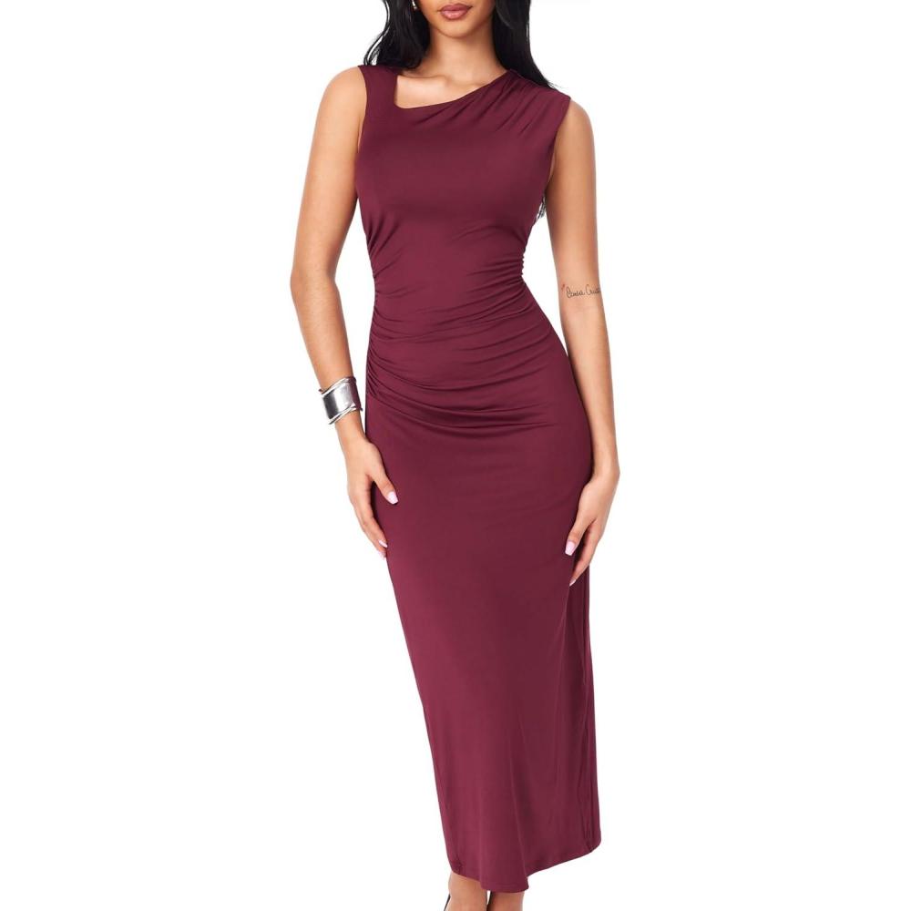 imageCIDER Womens Cocktail Dress Asymmetrical Neck Ruched Formal Dresses Bodycon Long Maxi Wedding Guest Dresses for SummerRed