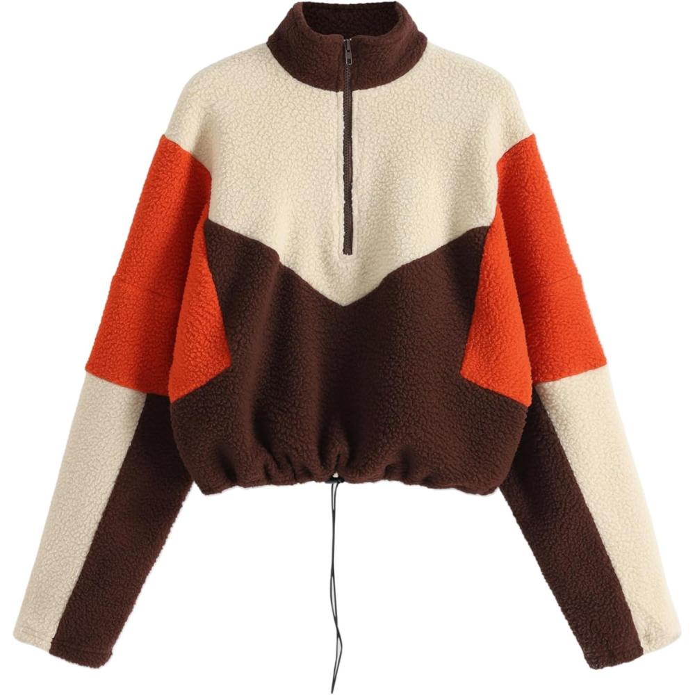 imageCIDER Womens Fleece Patchy Stand Collar Drawstring SweatshirtCoffee