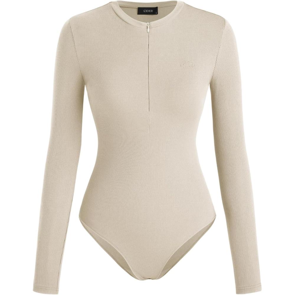 imageCIDER Womens Jersey Vneck Zipper BodysuitBeige
