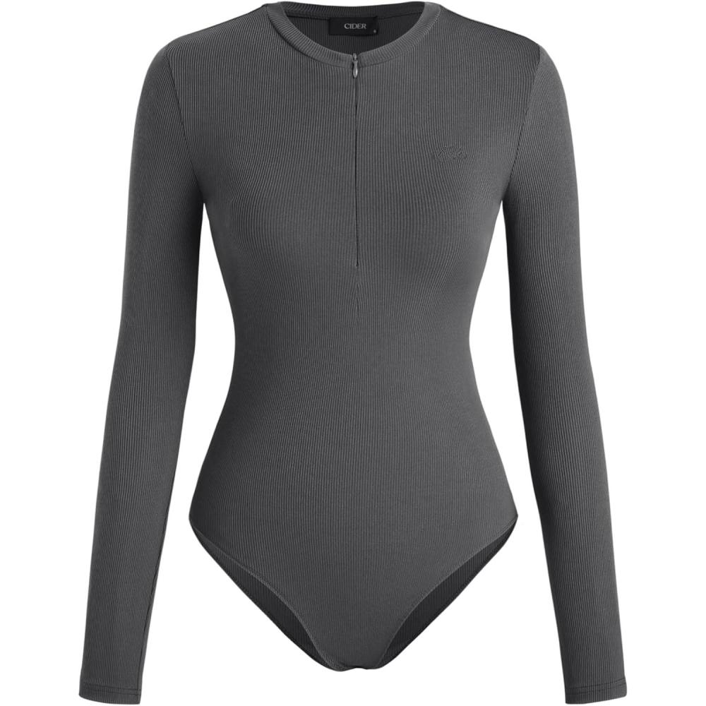imageCIDER Womens Jersey Vneck Zipper BodysuitGrey