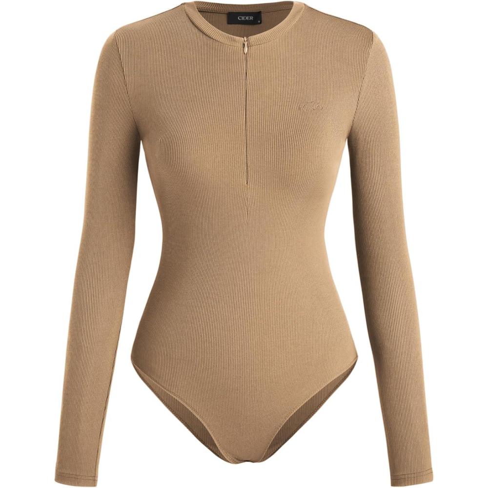 imageCIDER Womens Jersey Vneck Zipper BodysuitKhaki