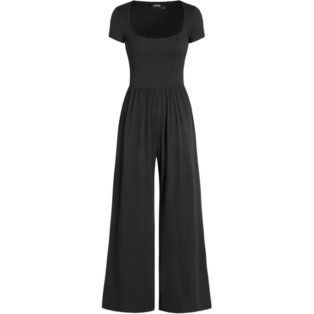 imageCIDER Womens Scoop Neckline Short Sleeve Wide Leg JumpsuitBlack