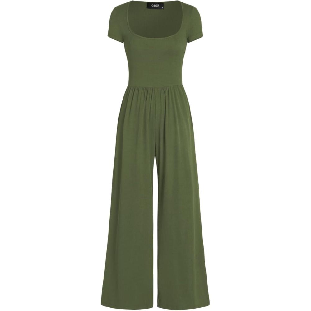 imageCIDER Womens Scoop Neckline Short Sleeve Wide Leg JumpsuitOlive Green