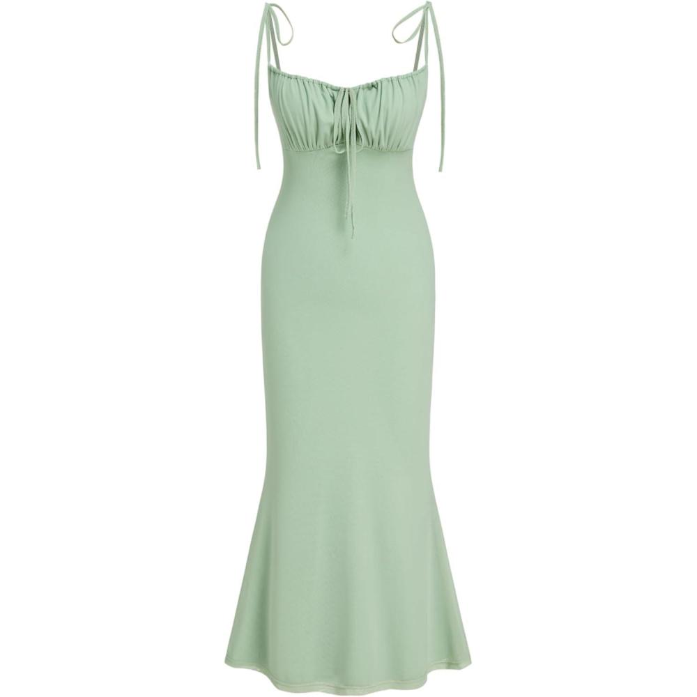 imageCIDER Womens Summer Floral Maxi Dress Spaghetti Strap Sleeveless Bodycon Ruched Mesh Dresses 2025 TrendyPale Green