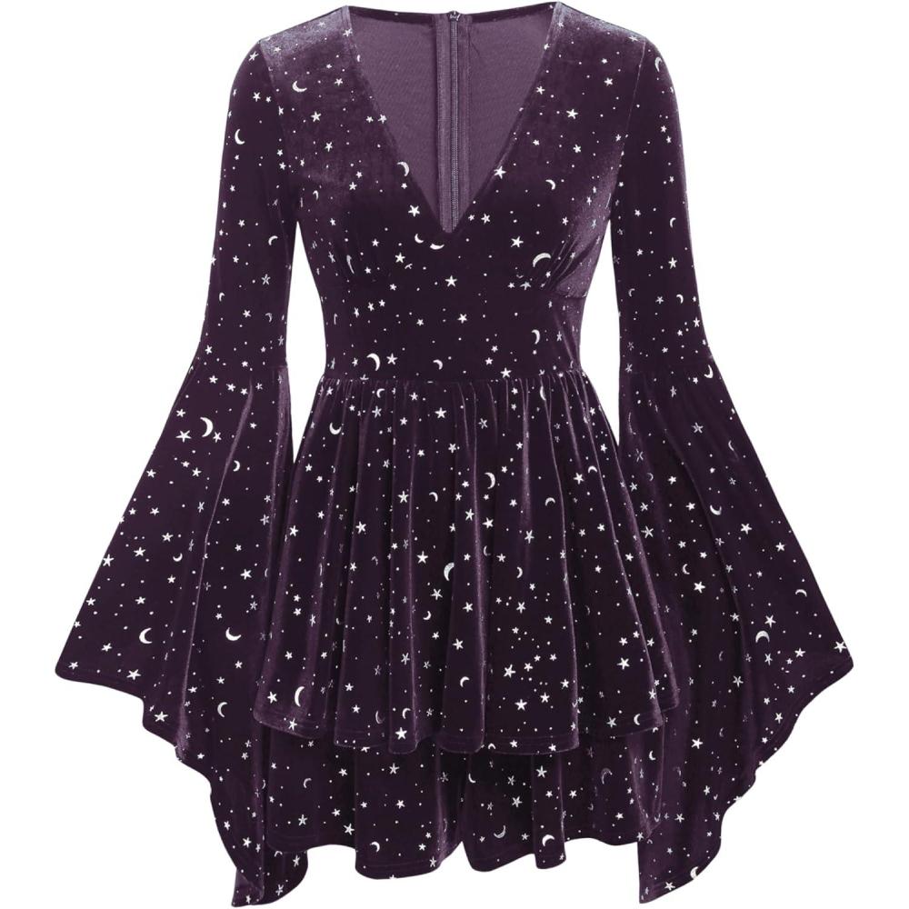 imageCIDER Womens Velvet Vneck Star ampamp Moon Pattern Bell Sleeve RomperPurple