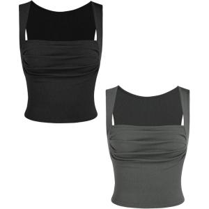 CIDER 2 Pack Women Tank Tops Set Ruched Square Neck Sleeveless Going Out Cute Crop Top Trendy(Black & Grey)