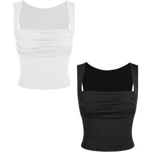 CIDER 2 Pack Women Tank Tops Set Ruched Square Neck Sleeveless Going Out Cute Crop Top Trendy(Black & White)
