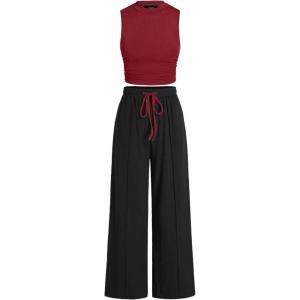 CIDER 2 Piece Sets for Women Summer Tracksuit Sleeveless Tank Tops & Wide Leg Pants Mactching Sets(Black & Wine)