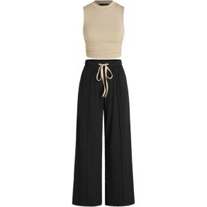 CIDER 2 Piece Sets for Women Summer Tracksuit Sleeveless Tank Tops & Wide Leg Pants Mactching Sets(Khaki)
