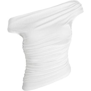 CIDER Asymmetrical Neck Ruched Crop Top(White)