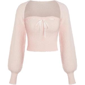 CIDER Bowknot Sweater Shrugs for Women with Tube Tops 2 Piece Trendy Going Out Tops 2025(Light Pink)