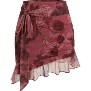 CIDER Chiffon High Waist Floral Knotted Mini Skirt(Carmine)