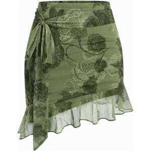 CIDER Chiffon High Waist Floral Knotted Mini Skirt(Green)
