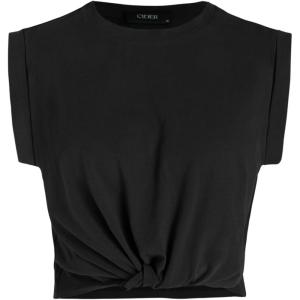 CIDER Crop Tops for Women Crew Neck T Shirts Short Sleeve Knotted Twist Front Loose Summer Basic Tee(Black)